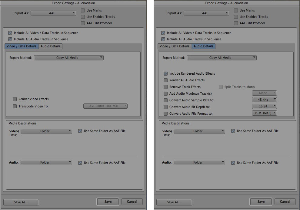 Referencia de exportación AAF en Avid con Video Details y Audio Details